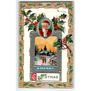 Santa Claus Christmas Postcard Smoking Pipe Church Lions Head Jackson Embossed